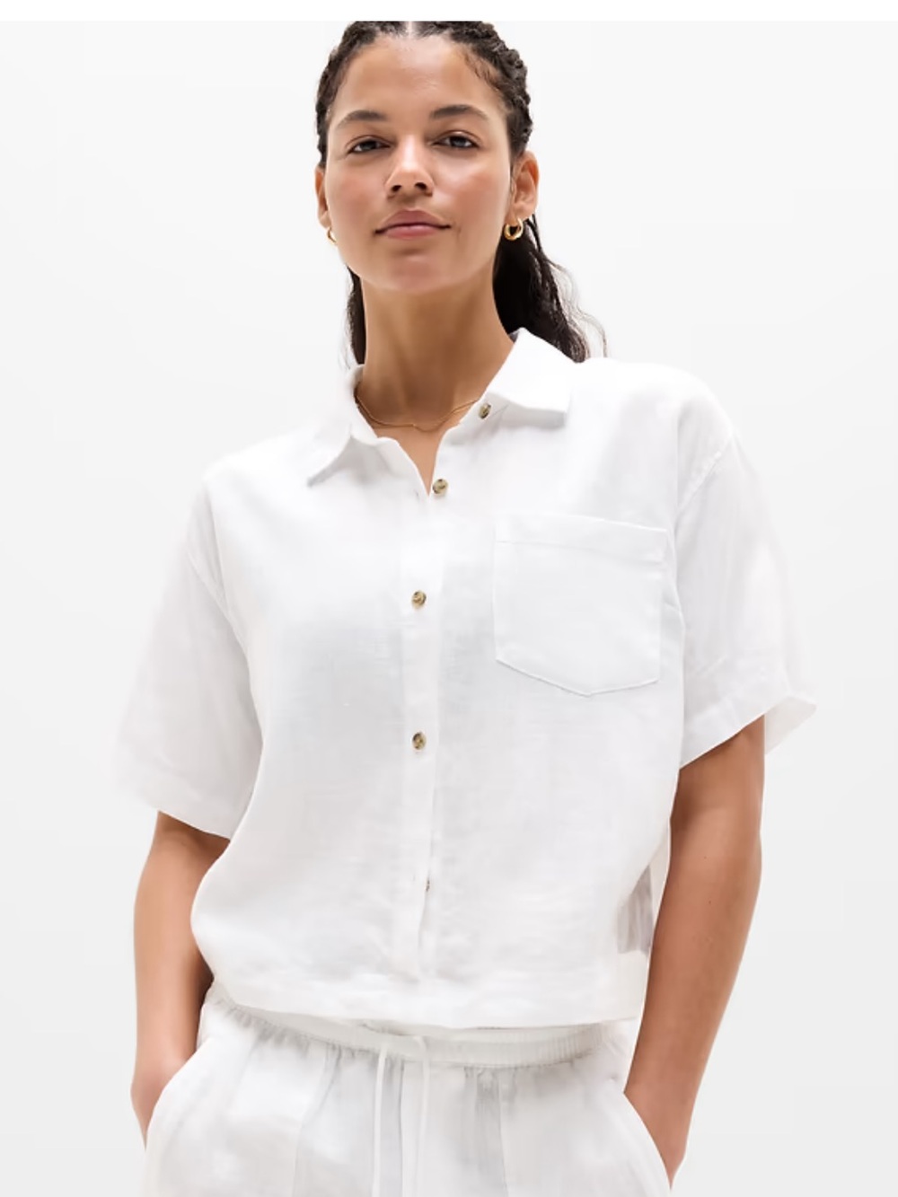 Athleta Retreat Linen Short Sleeve Shirt in White